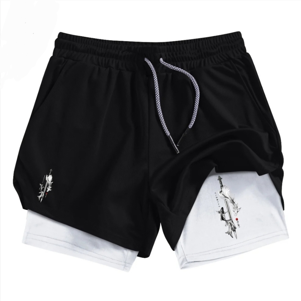 Yin & Yang Sword 2-in-1 Gym Shorts Mens Large Black Lined Compression